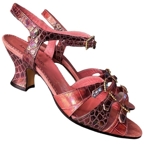 Lauretta Reiss Metallic Pink Croc Print Leather Kitten Heel Sandal - Picture 3 of 7